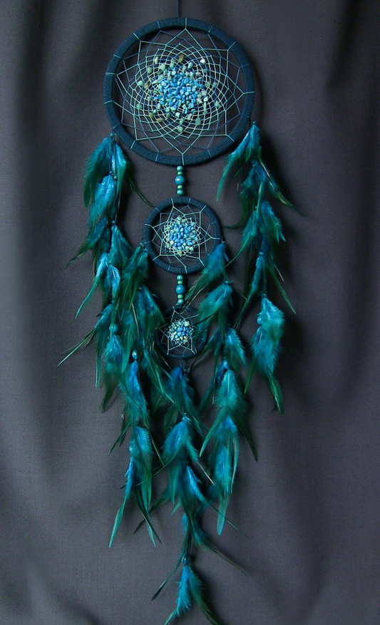 3 ring beaded blue and green feather dreamcatcher