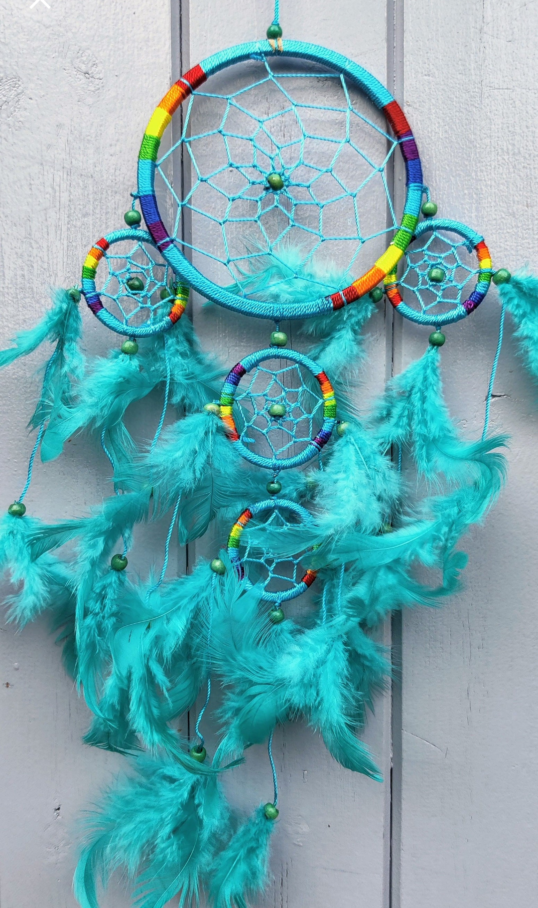 Triple ring teal and rainbow beaded and feather dreamcatcher