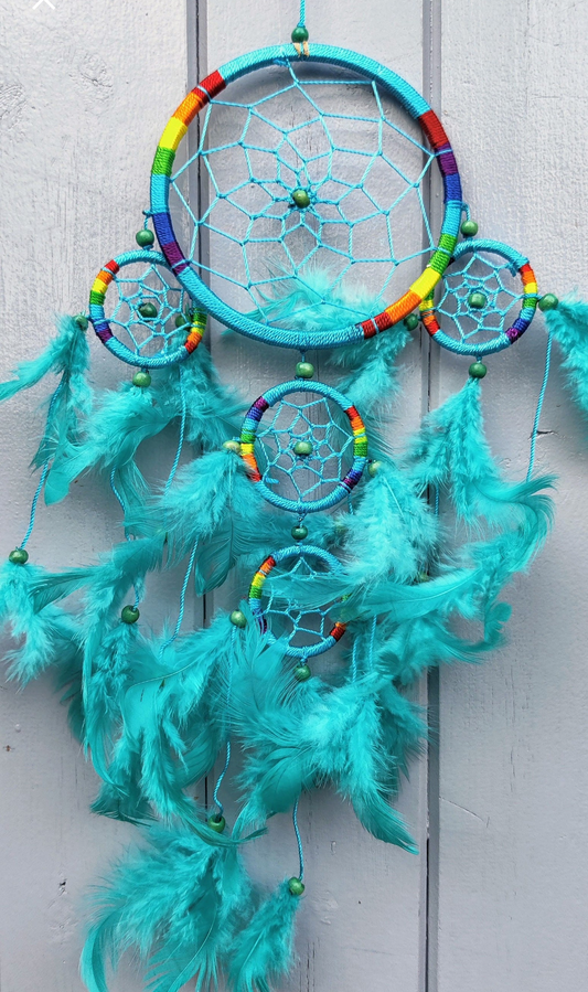 Triple ring teal and rainbow beaded and feather dreamcatcher