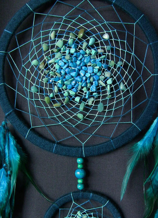 3 ring beaded blue and green feather dreamcatcher